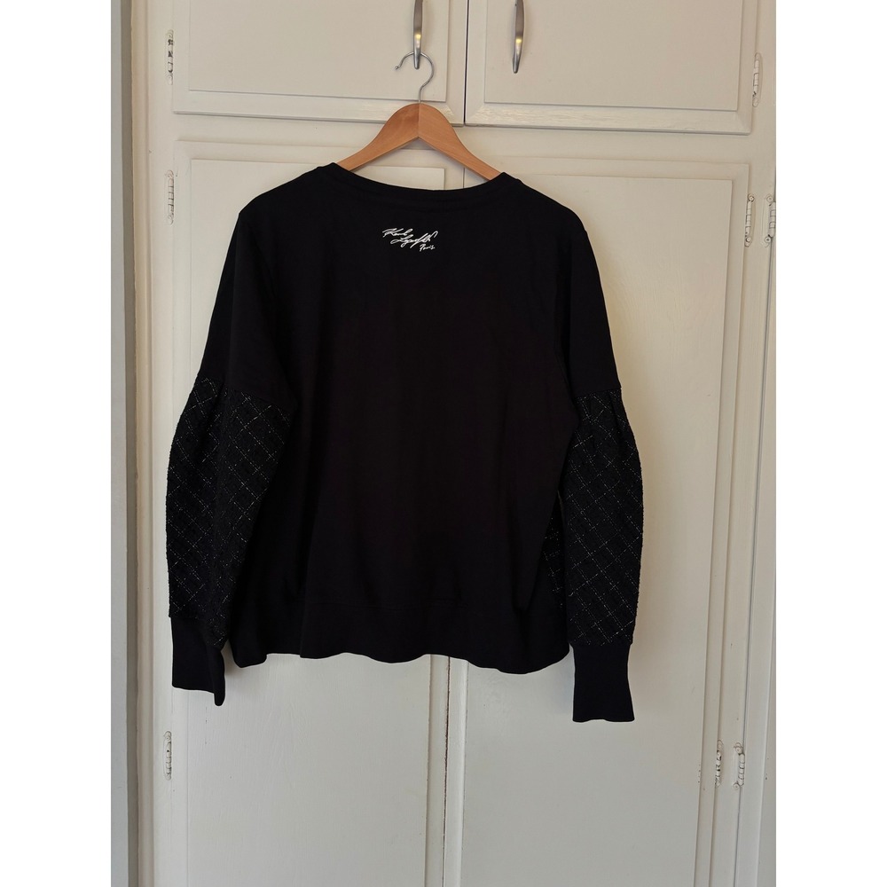 Karl Lagerfeld Paris Womens Black Mixed Media Tweed Sweatshirt Metallic Logo L - Picture 5 of 9